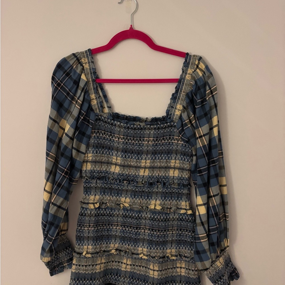 Love Shack Fancy Blue and Cream Plaid Dress